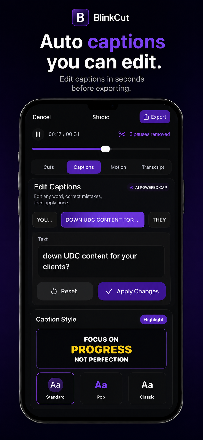 BlinkCut automatic captions screen