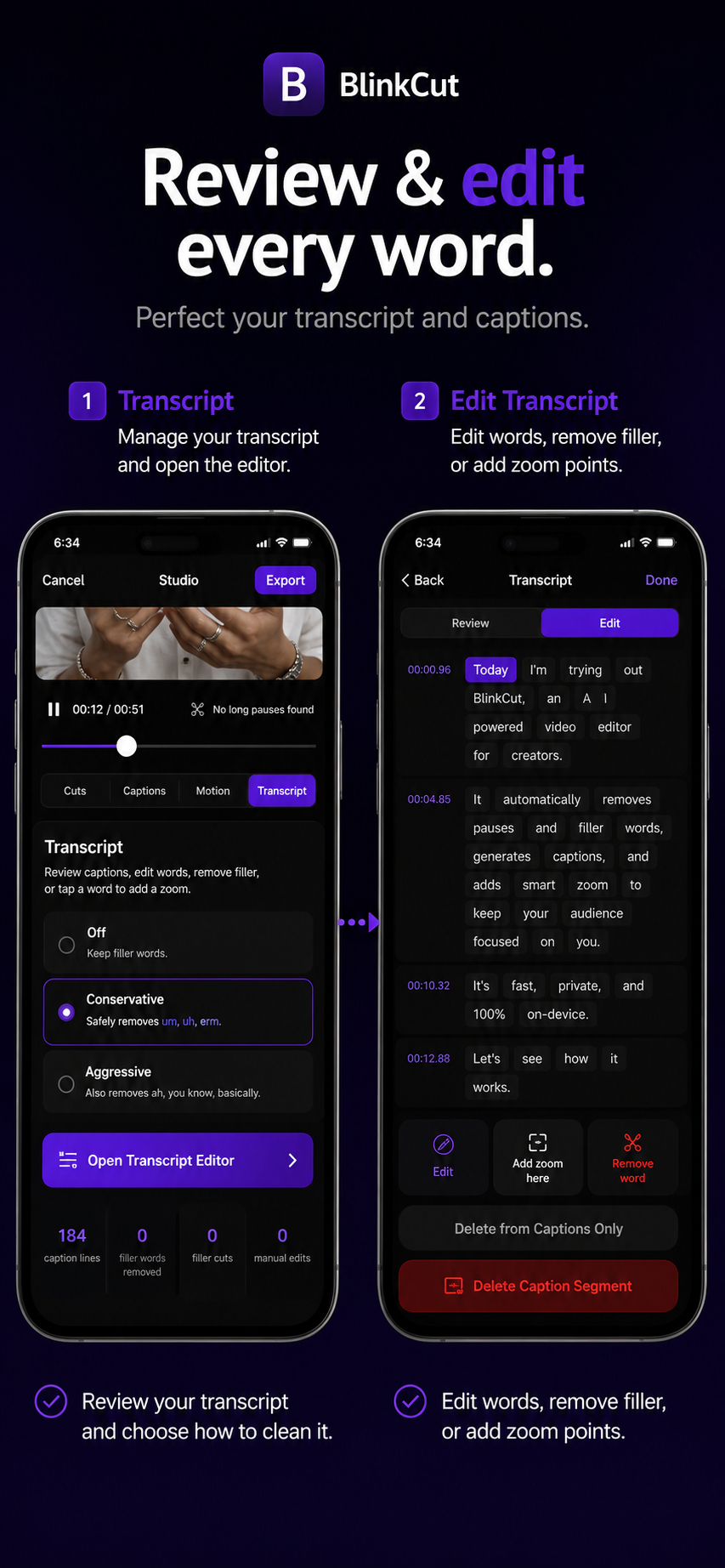 BlinkCut transcript editing screen