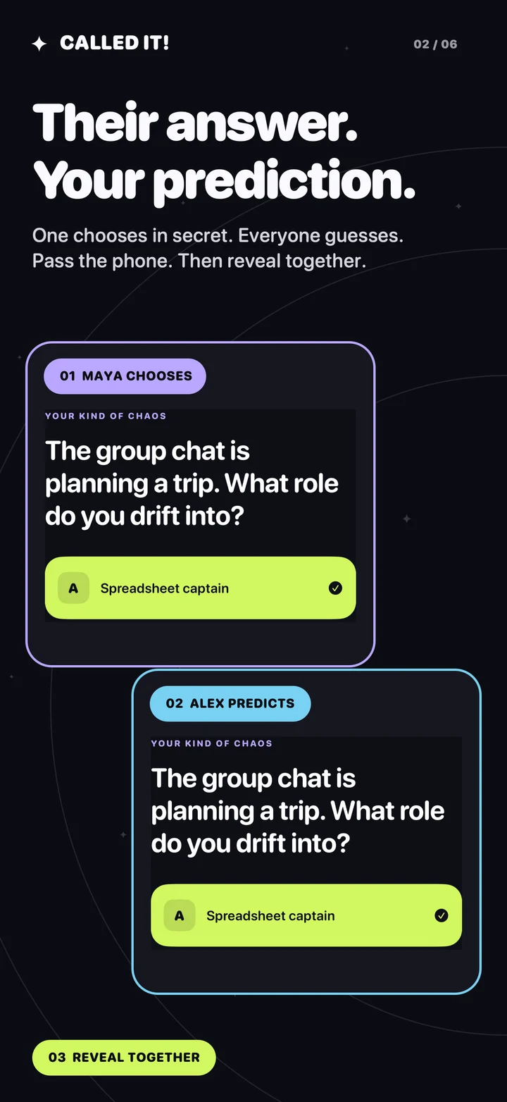 Maya privately chooses an answer, then Alex predicts her choice before the group reveal.