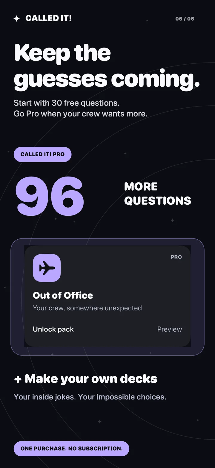 Called It! Pro adds 96 questions and custom decks with one purchase and no subscription.