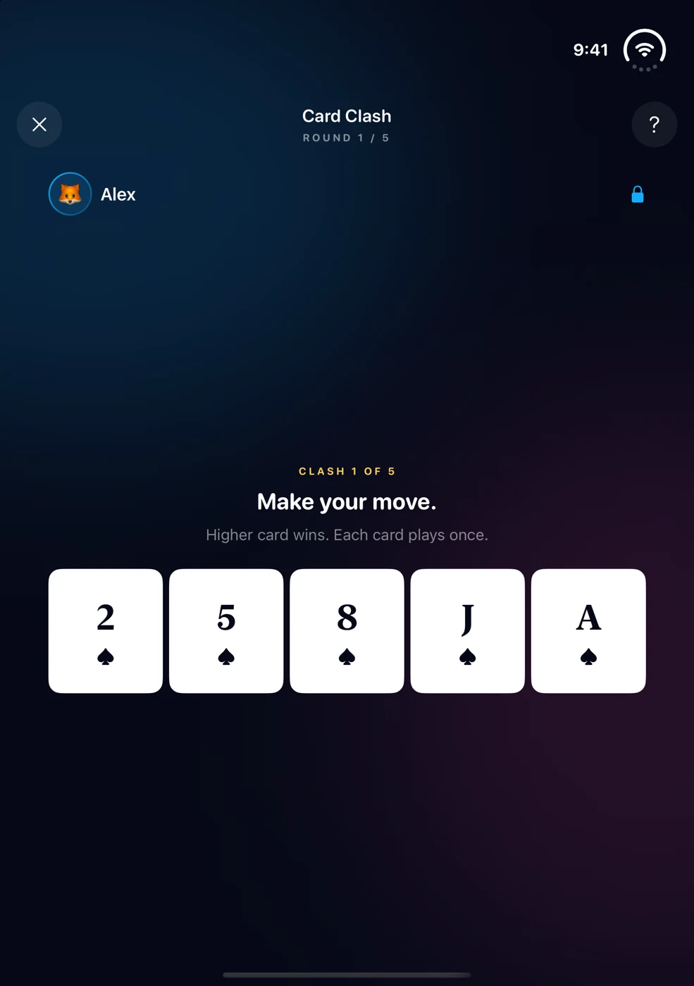 Card Clash showing Alex’s five cards, ready for a private choice.