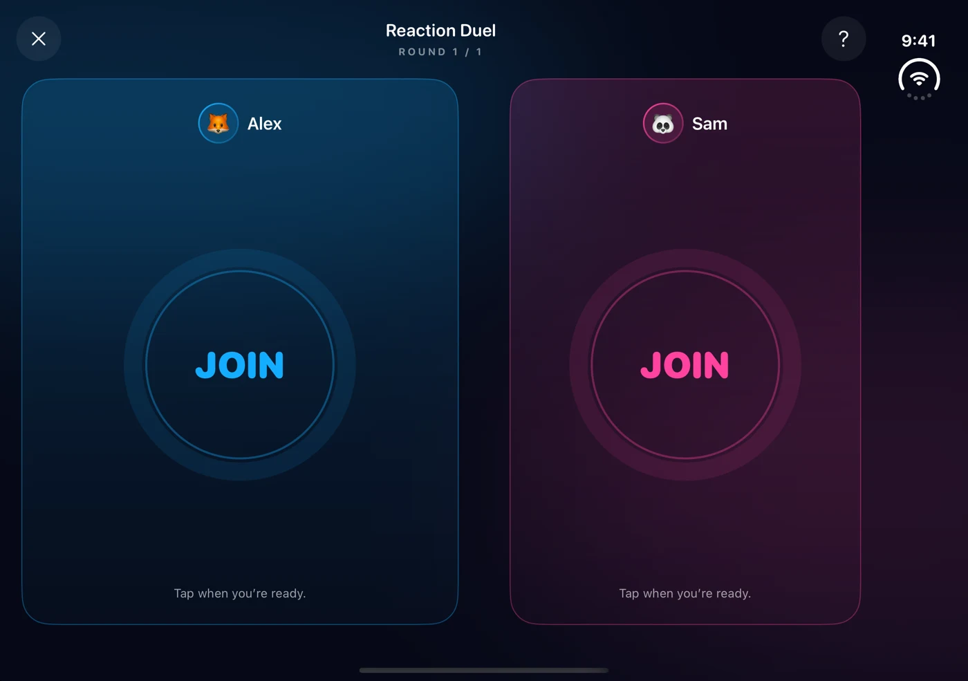 FaceOff Reaction Duel on iPhone Duo: Alex’s blue touch zone and Sam’s pink touch zone side by side.