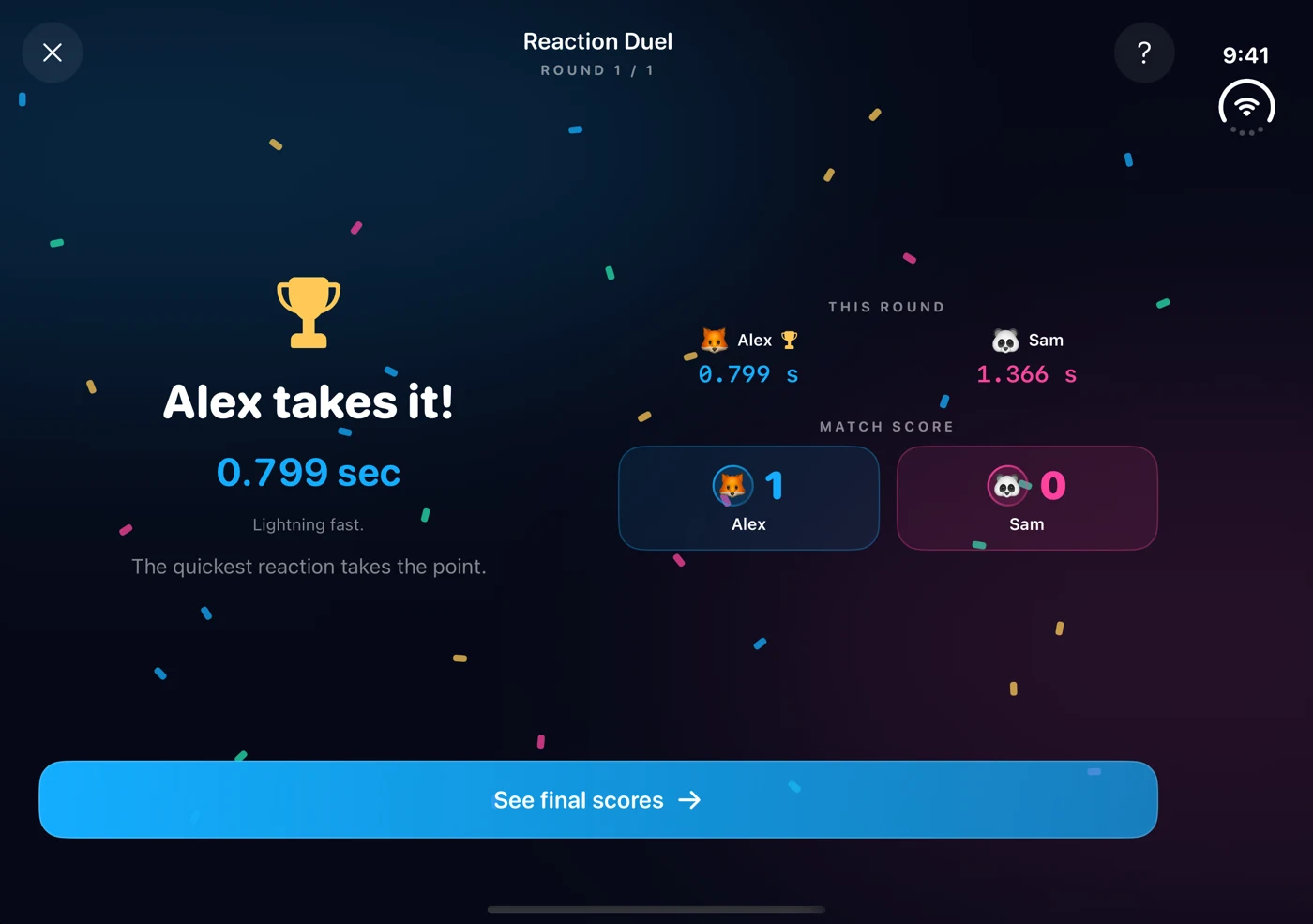 Reaction Duel result showing Alex’s winning time and both players’ scores.