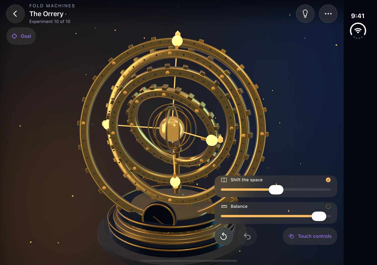 The Orrery: concentric brass rings and a glowing core in FoldLab’s Fold Machines world