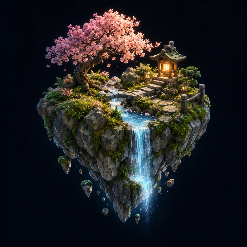 Pocket Worlds illustration of a miniature garden with water and lanterns