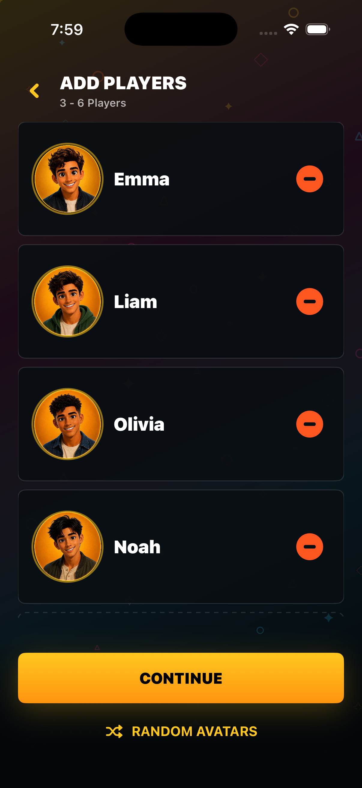 Game Night add players screen