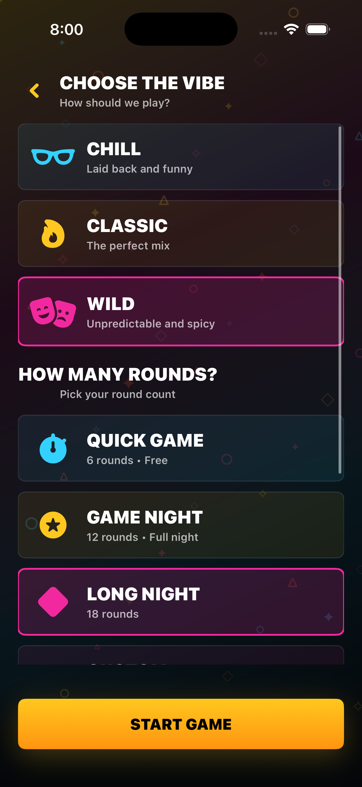 Game Night choose the vibe screen