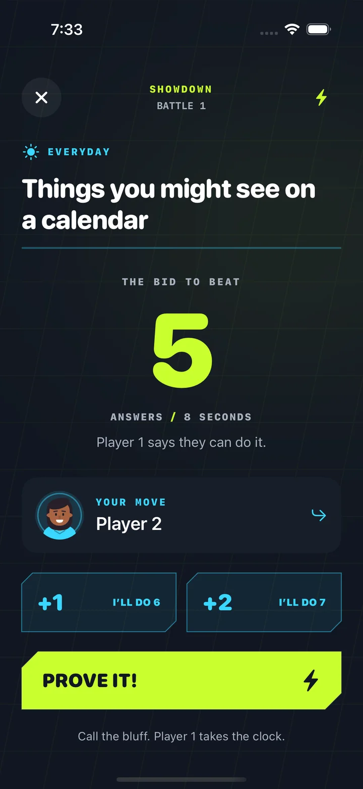 Bidding screen with raise and PROVE IT! challenge controls