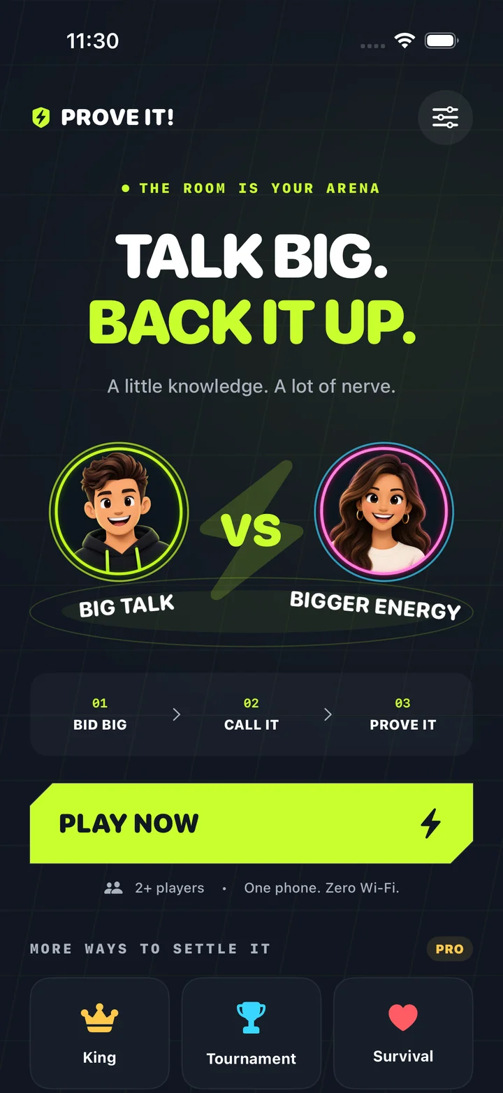 PROVE IT! home screen with illustrated contestants and the words Talk big. Back it up.