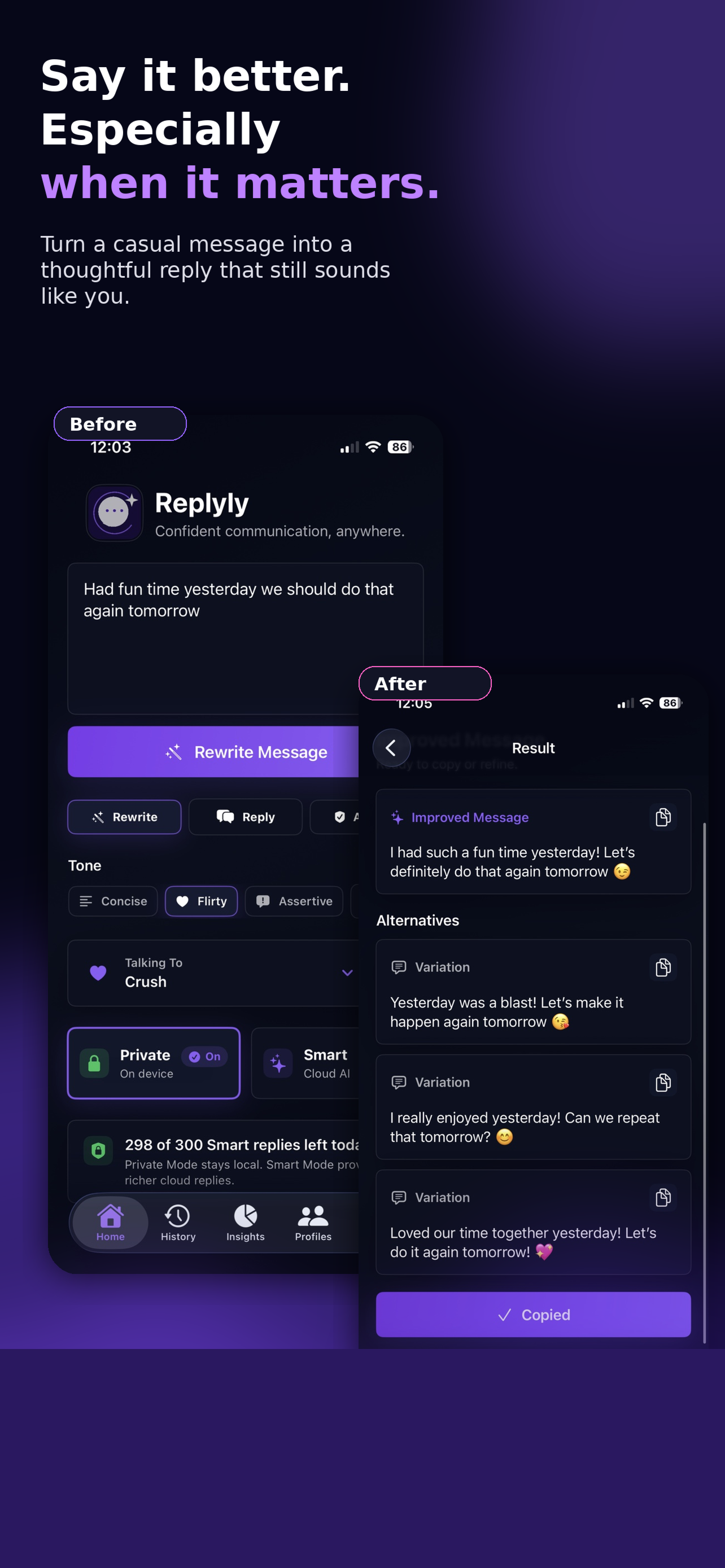 Replyly AI crush rewrite screenshot