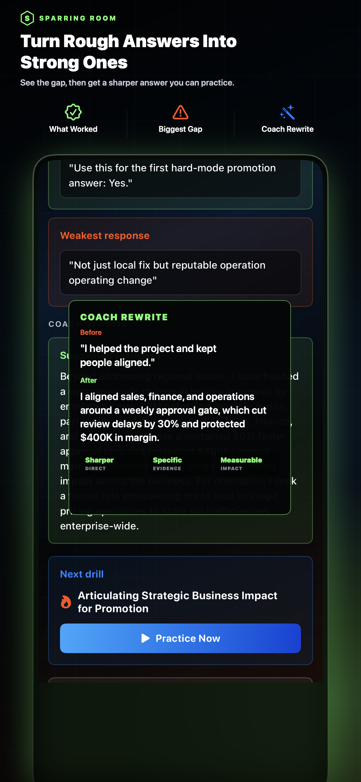 Sparring Room answer coaching screen