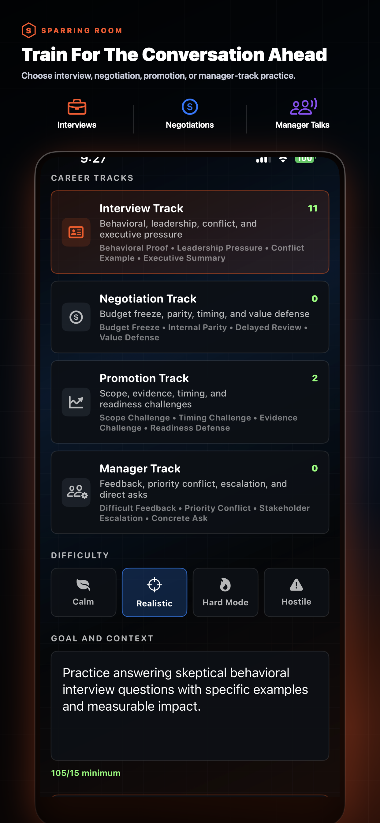 Sparring Room conversation selection screen
