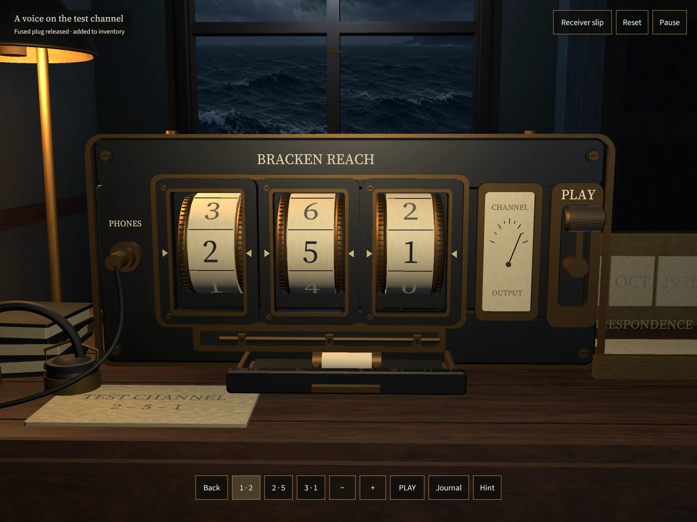 Development gameplay showing the brass receiver, tuning wheels and inspection controls